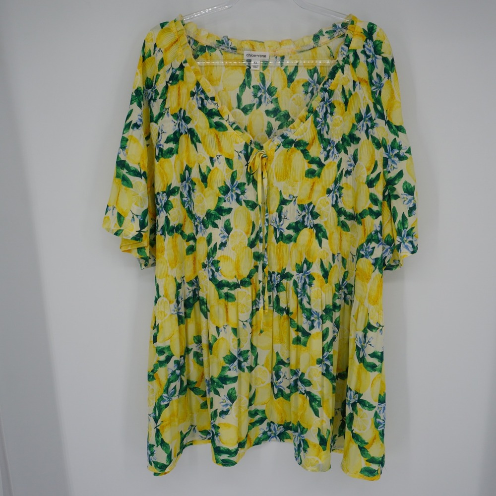 Chloe + Rene Women 3X Lemon‎ Print Top Yellow Beach Vacation Resortwear AOP
